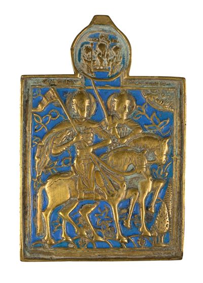 Icona da viaggio, Fusione in bronzo con smalti policromi raffigurante i SS. Boris e Gleb, XIX sec...