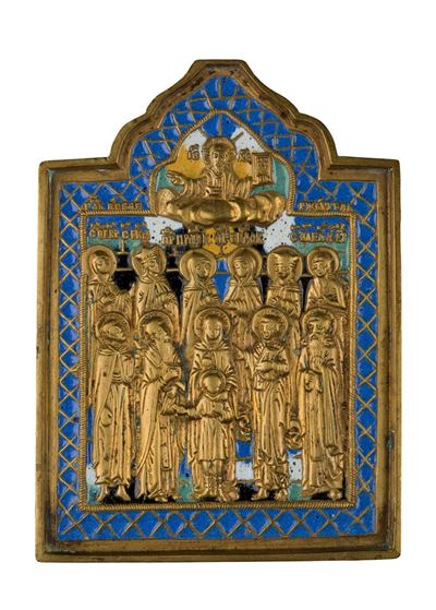 Icona da viaggio raffigurante i santi Quirico e Giulitta, fusione in bronzo e smalti policromi