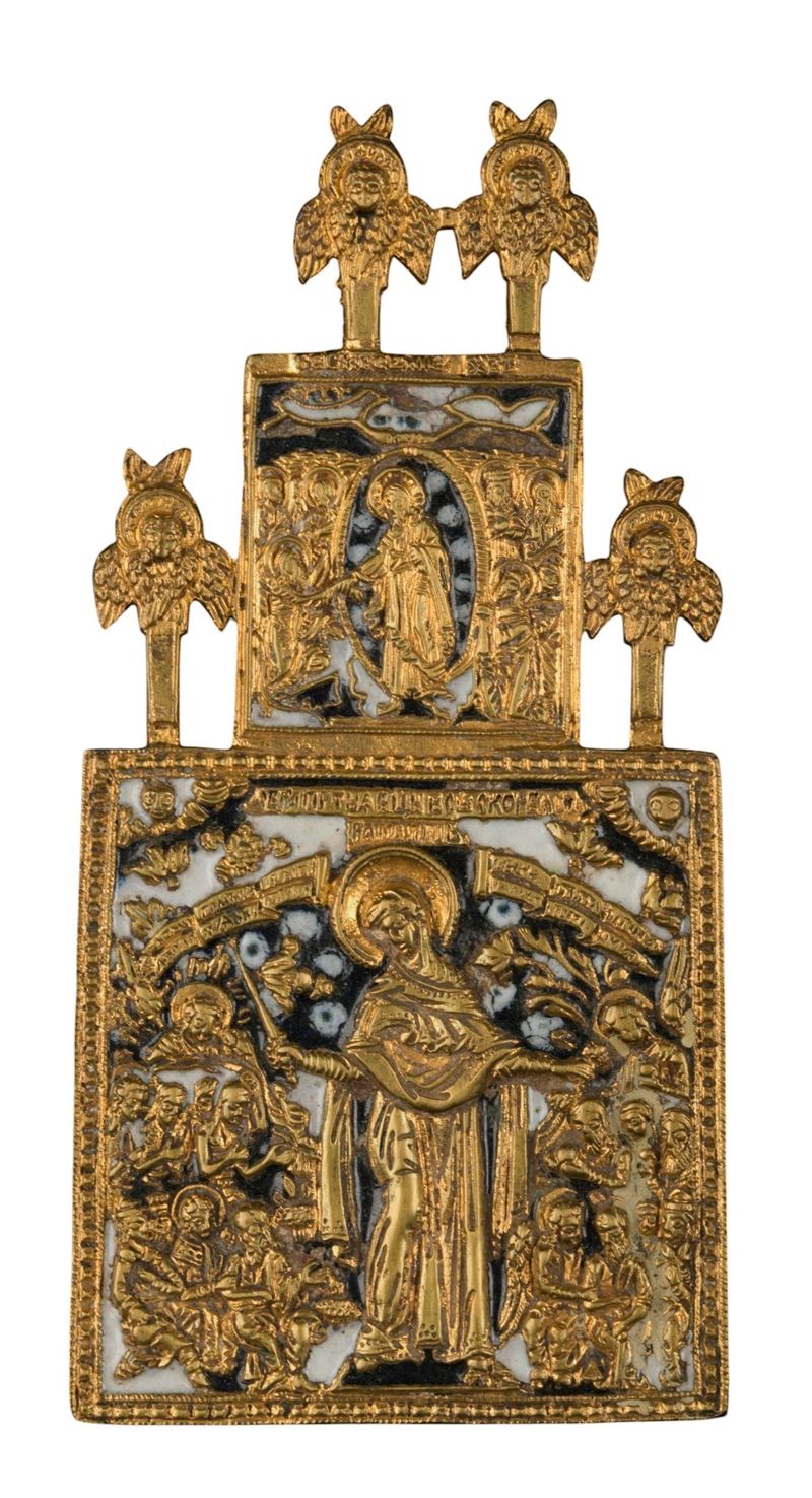 Icona da viaggio della Madre della Consolazione, fusione in bronzo e smalti policromi (XIX secolo...