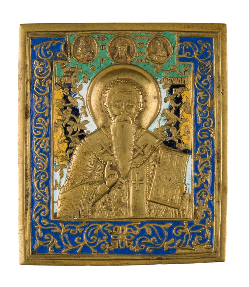 Sant’Antipa, icona da viaggio in bronzo con smalti policromi (XIX secolo)
