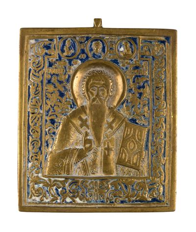 Icona da viaggio raffigurante Sant’Antipa, fusione in bronzo con smalti policromi, XIX secolo