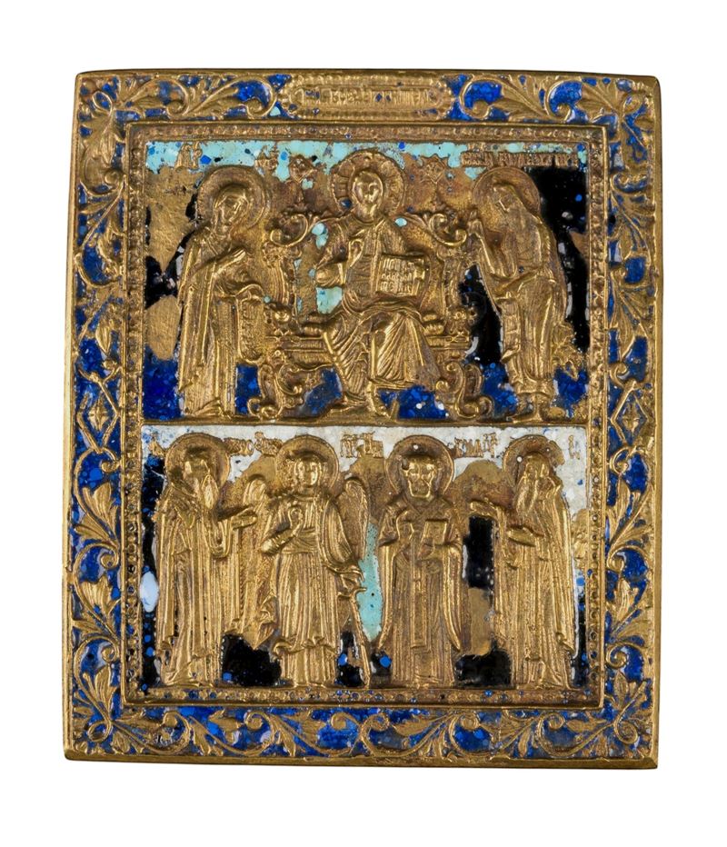XIX secolo, Icona da viaggio raffigurante la Deesis e i Santi Eletti in fusione in bronzo con sma...