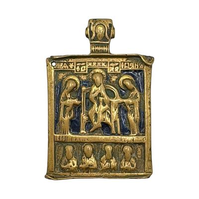 XIX secolo, Icona pettorale raffigurante la Deesis, fusione in bronzo con smalti policromi