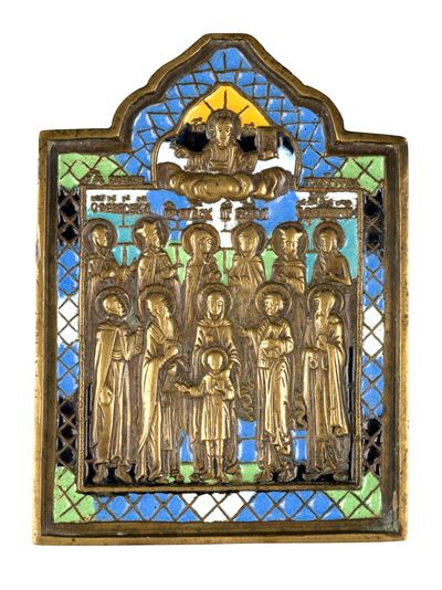 Icona da viaggio raffigurante i santi Quirico e Giulitta, fusione in bronzo e smalti policromi