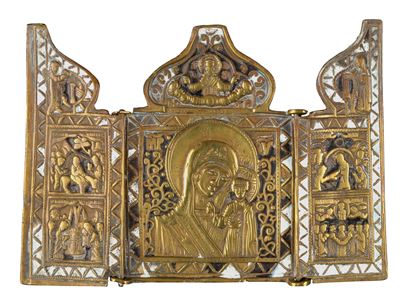 Trittico da viaggio con Madonna di Kazan, fusione in bronzo e smalti policromi (XIX secolo)