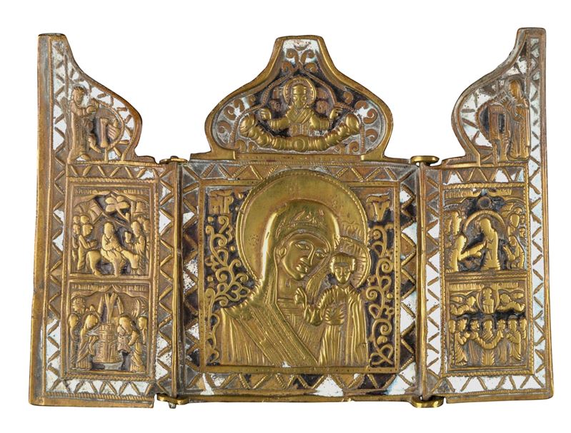 Trittico da viaggio con Madonna di Kazan, fusione in bronzo e smalti policromi (XIX secolo)
