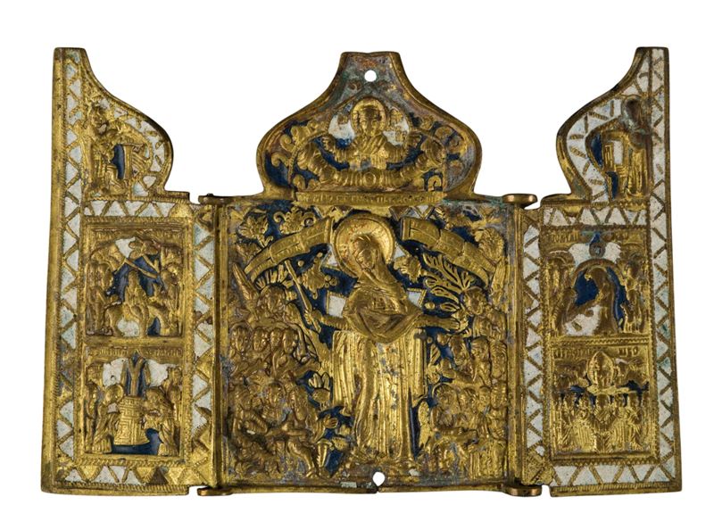 Trittico da viaggio, Madre della Consolazione, fusione in bronzo e smalti policromi,  XIX secolo