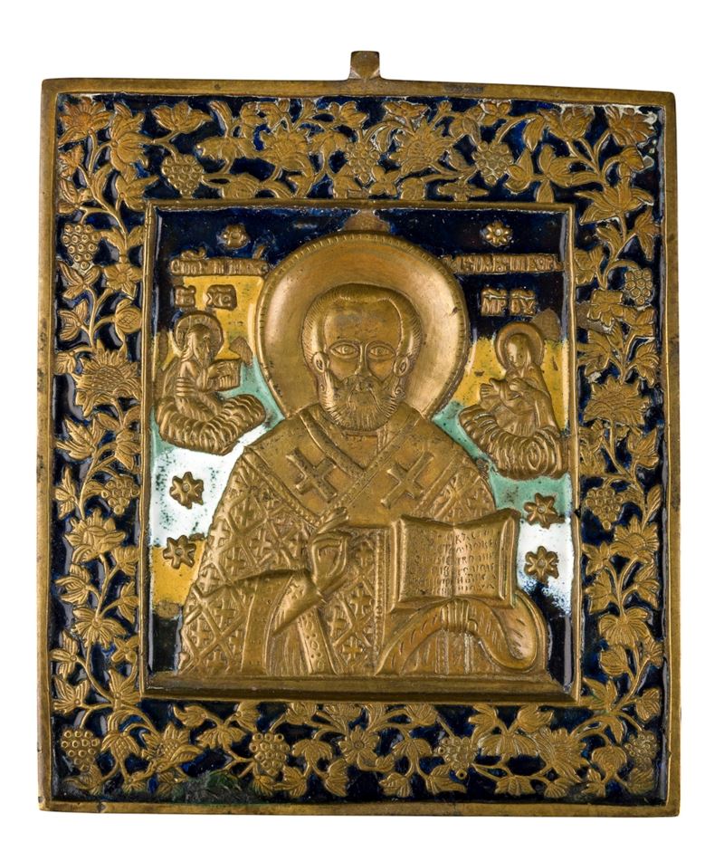 XIX secolo, Icona da viaggio con San Nicola di Mira, fusione in bronzo e smalti policromi