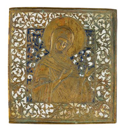 Icona da viaggio, Haghiosoritissa, fusione in bronzo e smalti policromi (XIX secolo)