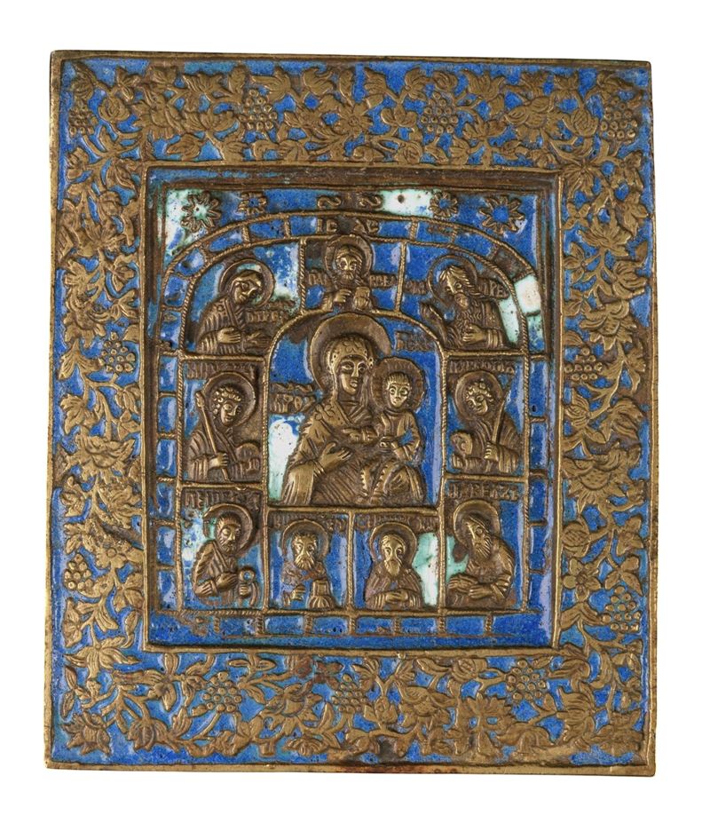 Icona da viaggio, Madonna di Smolensk e Santi Eletti, fusione in bronzo e smalti policromi (XIX s...