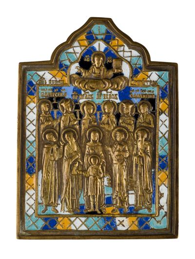 Icona da viaggio, santi Quirico e Giulitta, fusione in bronzo con smalti policromi