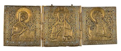 Trittico da viaggio raffigurante la Deesis, fusione in bronzo e smalti policromi (XIX secolo)