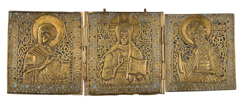 Trittico da viaggio raffigurante la Deesis, fusione in bronzo e smalti policromi (XIX secolo)