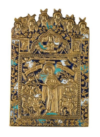 Madre della Consolazione, icona da viaggio in fusione di bronzo e smalti policromi (inizio XX sec...
