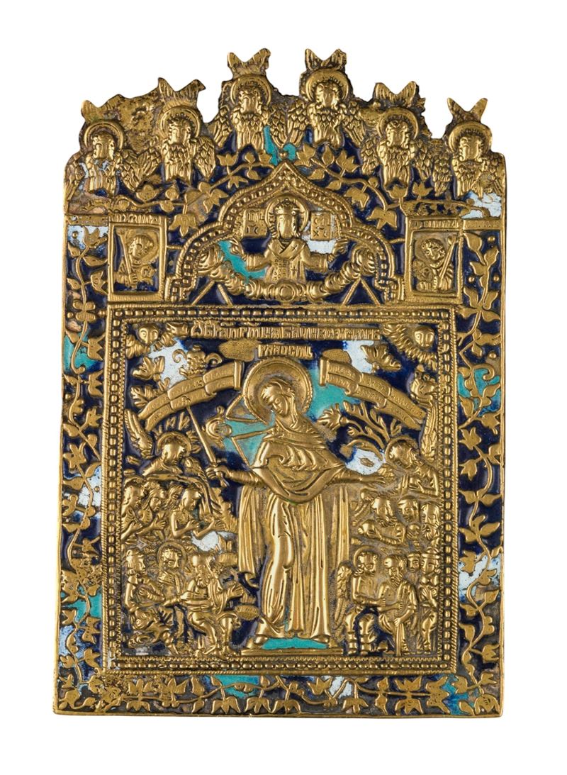 Madre della Consolazione, icona da viaggio in fusione di bronzo e smalti policromi (inizio XX sec...