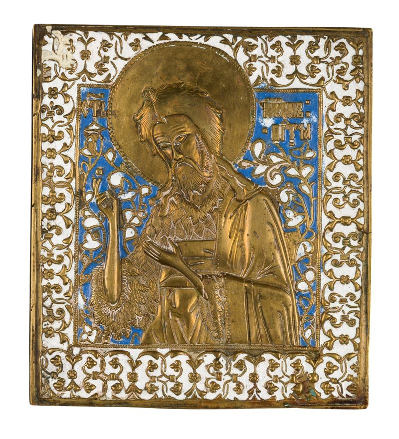 Icona di San Giovanni Battista, fusione in bronzo e smalti policromi (XIX secolo)