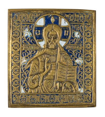 Icona da viaggio raffigurante il Pantocratore, fusione in bronzo con smalti policromi, XIX secolo