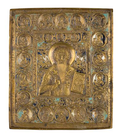 Sant’Antipa, Icona da viaggio in fusione di bronzo con smalti policromi, XIX secolo
