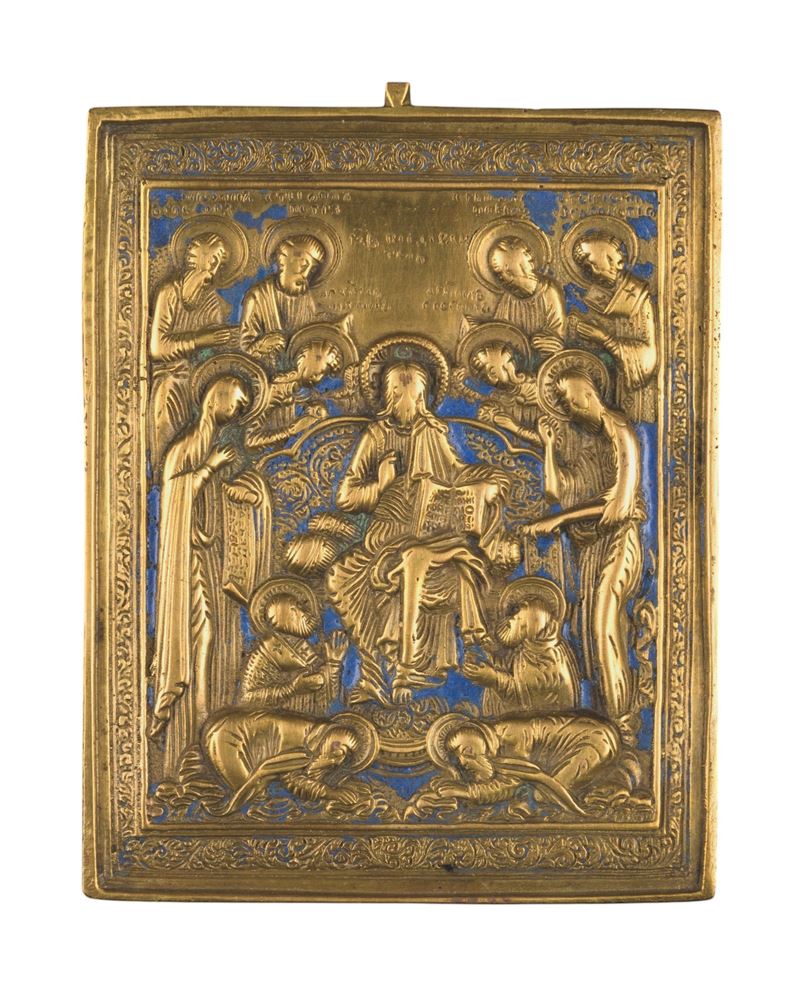 Icona da viaggio della Deesis allargata, fusione in bronzo e smalti policromi (XIX secolo)