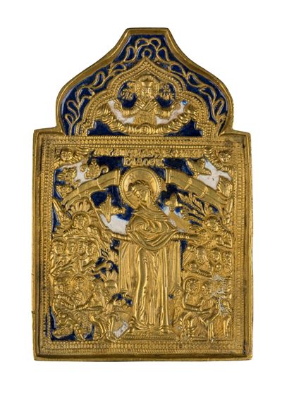 Madre della Consolazione, icona da viaggio, fusione in bronzo e smalti policromi (XIX secolo)
