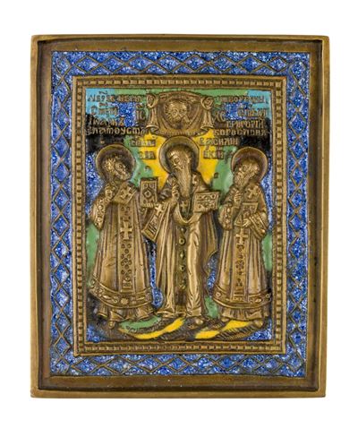 Icona da viaggio raffigurante i Tre Santi Gerarchi, fusione in bronzo con smalti policromi (inizi...