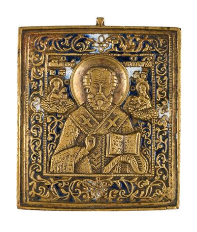 Icona da viaggio, San Nicola di Mira, fusione in bronzo e smalti policromi (XIX secolo)