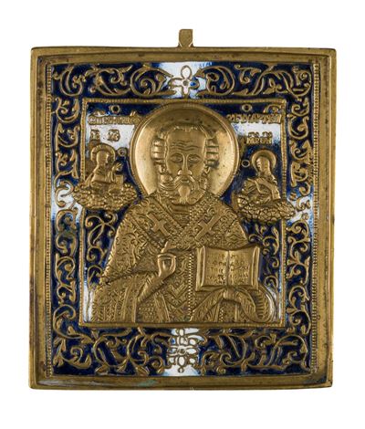 Icona da viaggio raffigurante San Nicola di Mira, fusione in bronzo con smalti policromi (XIX sec...