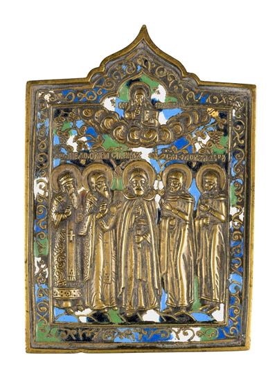 Icona raffigurante San Nilo e altri santi, fusione in bronzo con smalti policromi