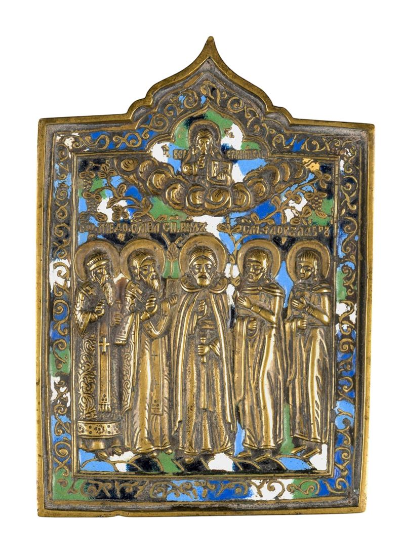 Icona raffigurante San Nilo e altri santi, fusione in bronzo con smalti policromi