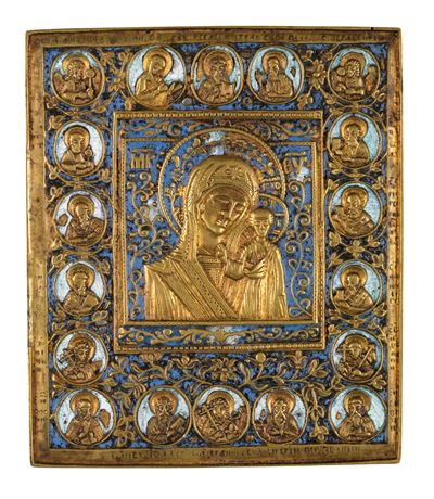 Icona da viaggio, Madonna di Kazan, fusione in bronzo e smalti policromi