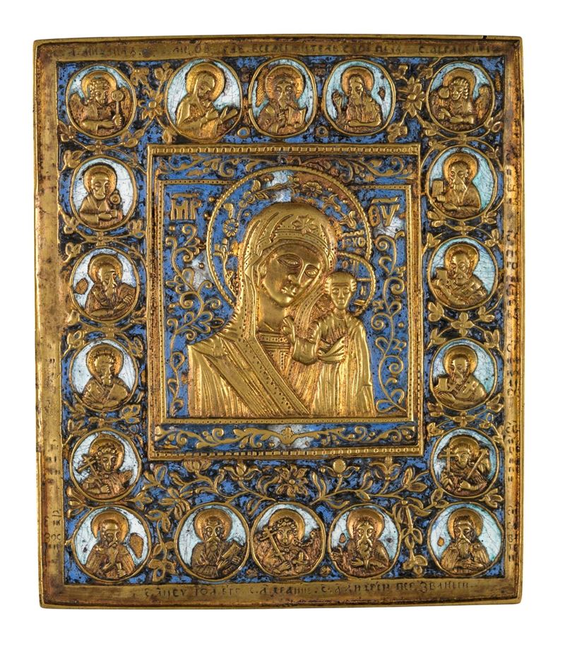 Icona da viaggio, Madonna di Kazan, fusione in bronzo e smalti policromi