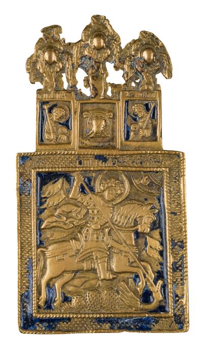 Icona da viaggio di San Giorgio, fusione in bronzo con smalti policromi, XIX secolo