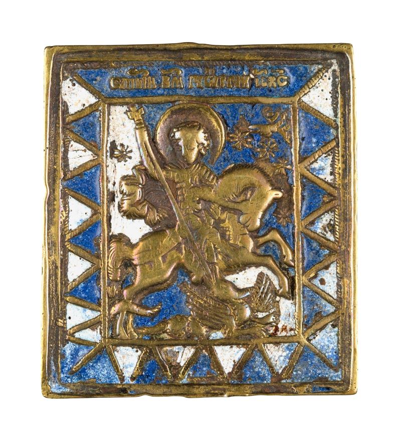 Icona da viaggio raffigurante San Giorgio, fusione in bronzo con smalti policromi, XIX secolo