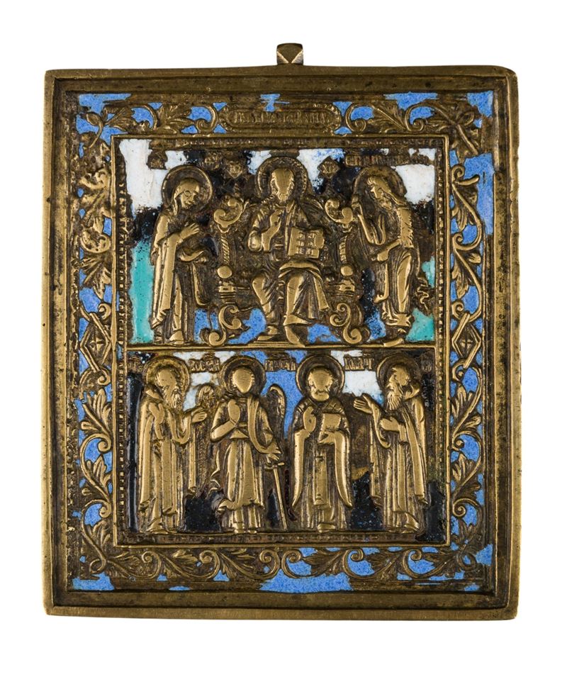 Icona da viaggio raffigurante la Deesis, fusione in bronzo con smalti policromi (XIX secolo)