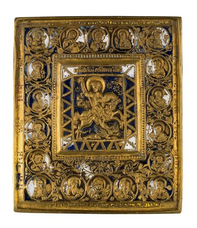 Icona da viaggio, raffigurante San Giorgio e la Deesis, fusione in bronzo con smalti policromi (X...