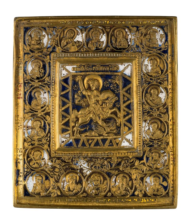 Icona da viaggio, raffigurante San Giorgio e la Deesis, fusione in bronzo con smalti policromi (X...