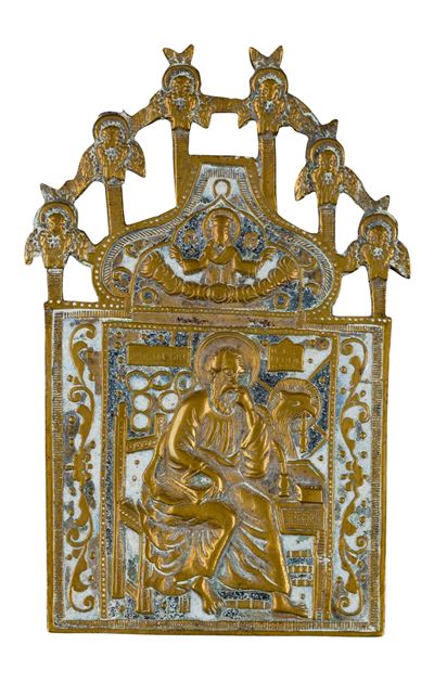 Icona da viaggio raffigurante San Giovanni teologo, fusione in bronzo e smalti policromi (XIX sec...