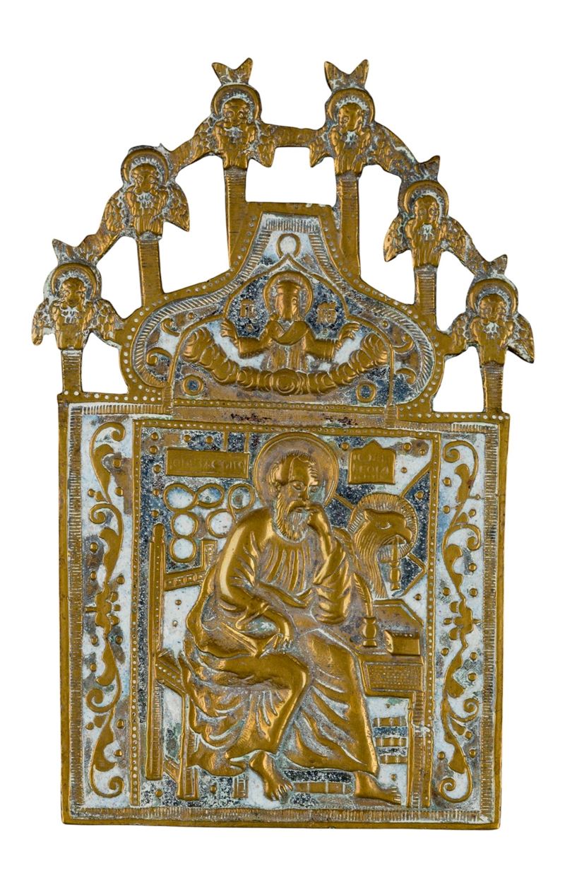Icona da viaggio raffigurante San Giovanni teologo, fusione in bronzo e smalti policromi (XIX sec...