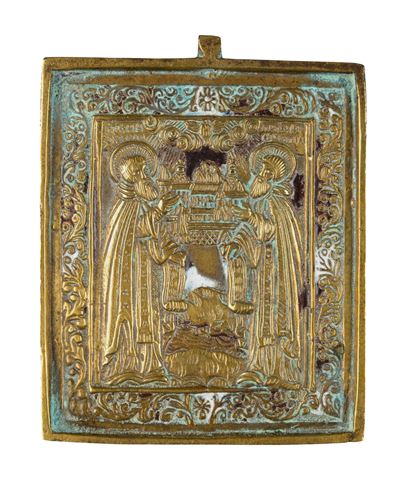 Icona da viaggio raffigurante i Santi Zosima e Salvatij, fusione in bronzo con smalti policromi (...