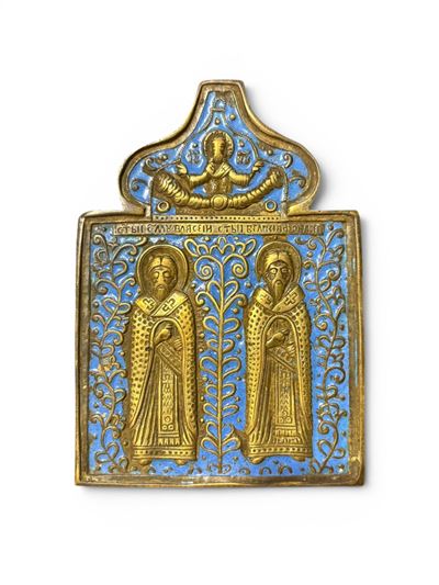 Icona da viaggio raffigurante i Santi Zosima e Salvatij, fusione in bronzo e smalti policromi, X...