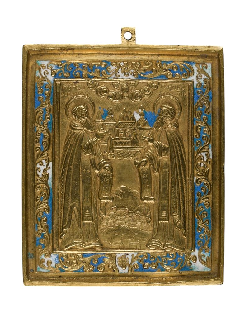 Fusione in bronzo e smalti policromi, Icona da viaggio raffigurante i Santi Zosima e Salvatij (XI...