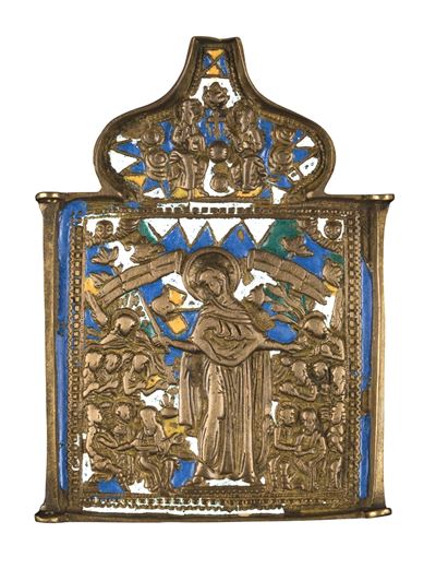 Valva di trittico raffigurante la Madre della Consolazione, fusione in bronzo con smalti policrom...