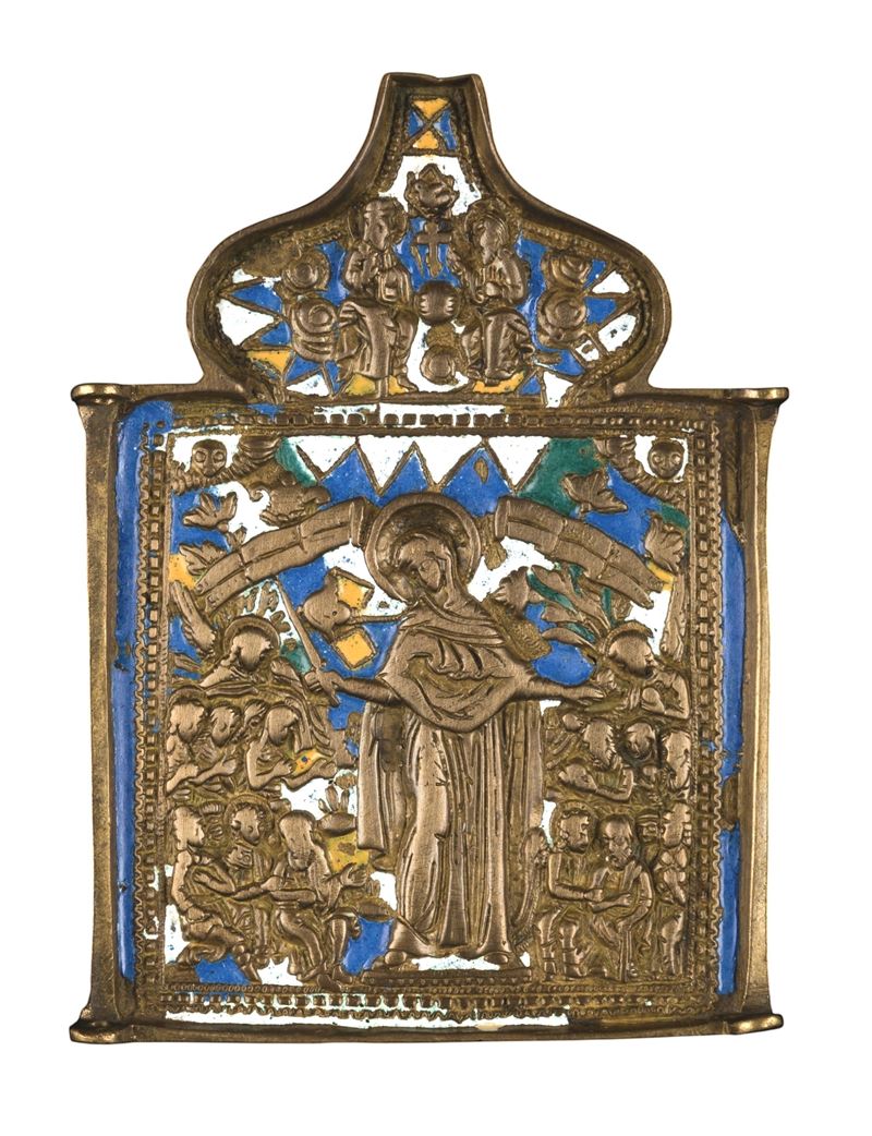 Valva di trittico raffigurante la Madre della Consolazione, fusione in bronzo con smalti policrom...