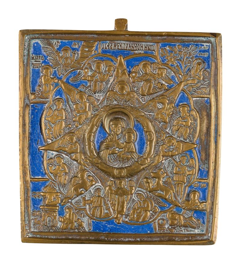 XIX secolo, Icona da viaggio della Madre di Dio del Roveto Ardente, fusione in bronzo con smalti ...