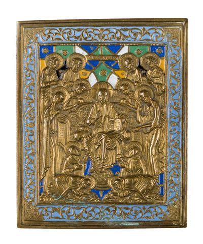 Icona da viaggio raffigurante la Deesis allargata, fusione in bronzo con smalti policromi