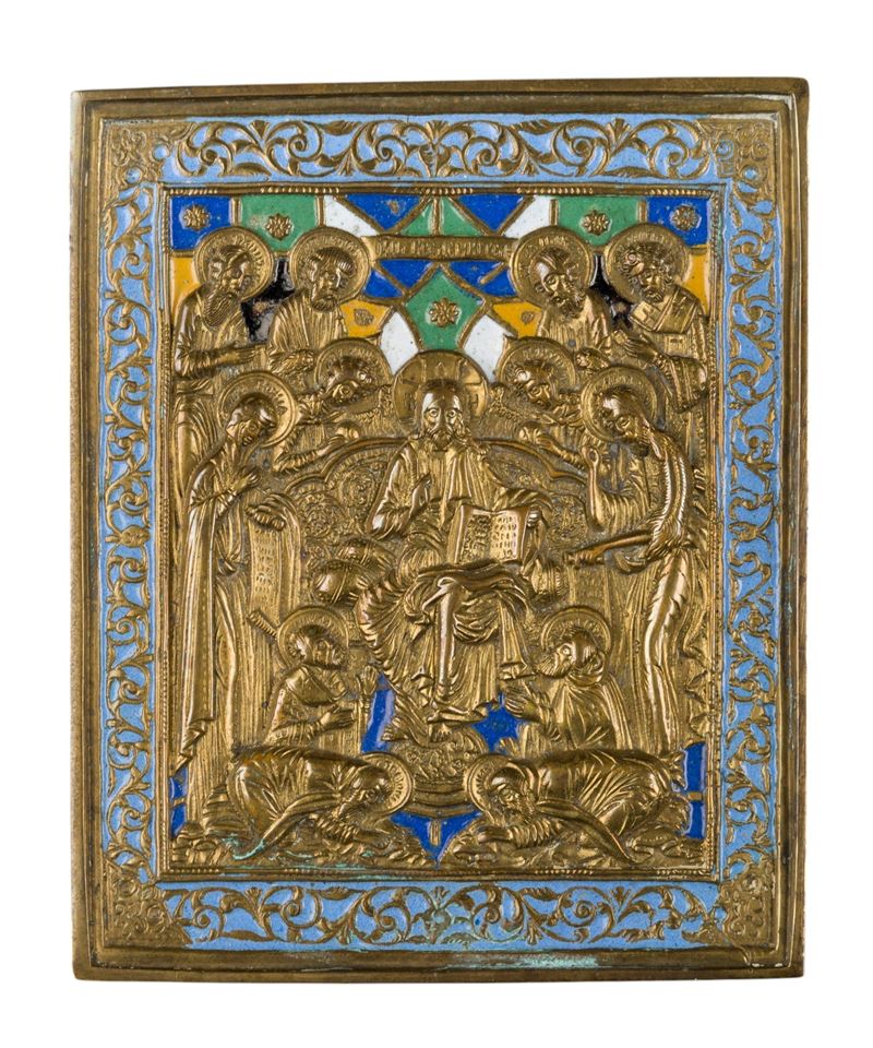 Icona da viaggio raffigurante la Deesis allargata, fusione in bronzo con smalti policromi