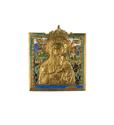 Icona da viaggio con raffigurazione dell’Odighitria, fusione in bronzo e smalti policromi (inizio...