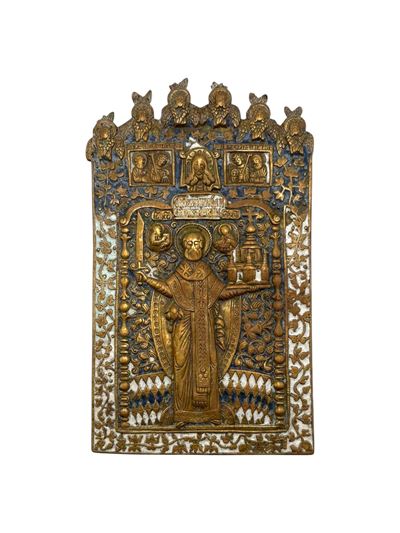 Icona da viaggio raffigurante San Nicola di Mozajsk, fusione in bronzo con smalti policromi (XIX ...