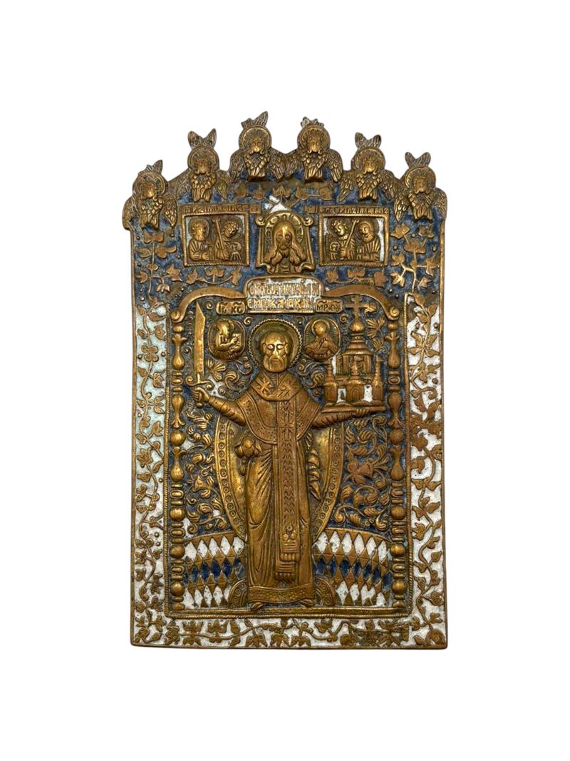 Icona da viaggio raffigurante San Nicola di Mozajsk, fusione in bronzo con smalti policromi (XIX ...