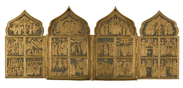 Travel polyptych depicting the Twelve Orthodox Feasts and four miraculous apparitions of the Virgin